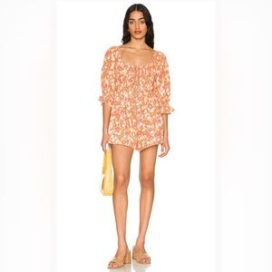 NEW Free People Floral Show me The love Linen Blend Orange Yellow Pink Romper M